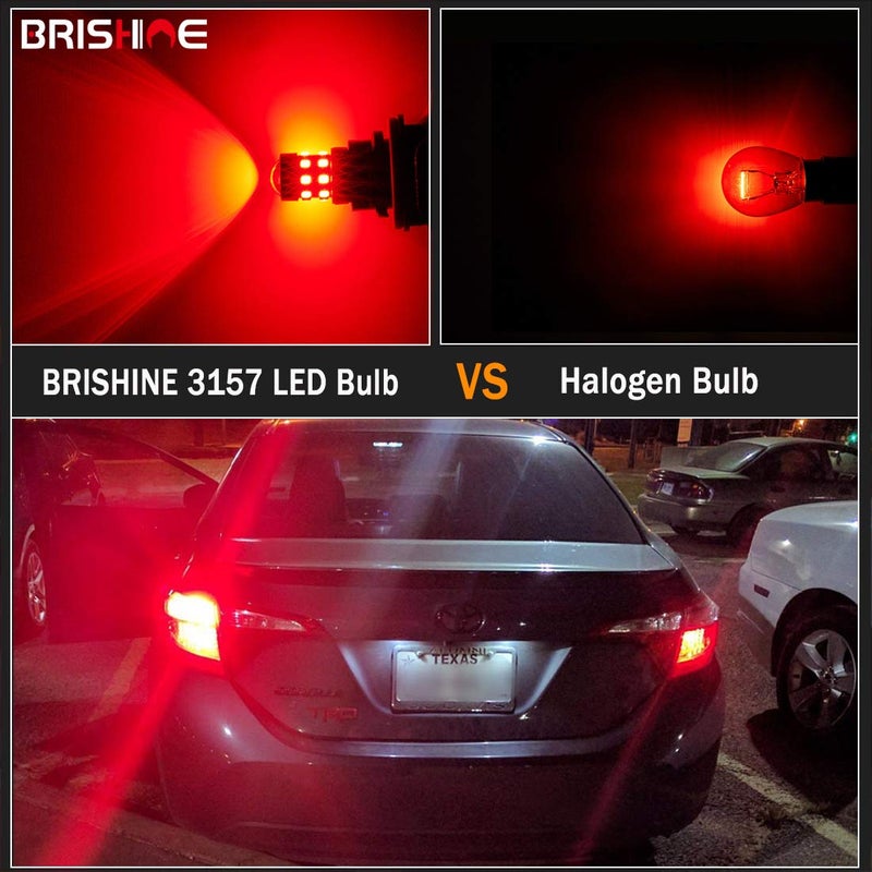 BRISHINE 4-Pack Super Bright 3157 3156 3057 4057 3157K LED Bulbs Brilliant Red 9-30V Non-Polarity 24-SMD LED Chipsets with Projector for Brake Tail Lights, Turn Signal Lights - Image 4
